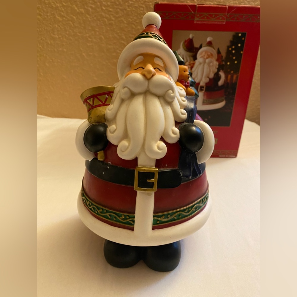 DECORATIVE SANTA FIGURINE, Holding A Golden Bell & Bag W/ Presents. Comes W/ Box